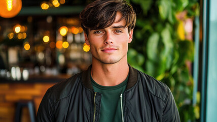 Fototapeta premium Stylish man with modern haircut wearing bomber jacket in cafe
