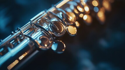 Obraz premium Close-up view of silver flute highlighting intricate details and reflections in soft lighting