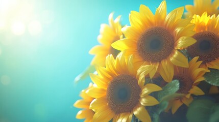 Fototapeta premium Bright Sunflowers in a Joyful Bouquet against Blue Background