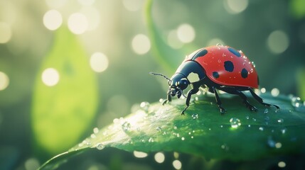 Obraz premium Ladybug on dewy leaf, sunrise, nature background, spring scene