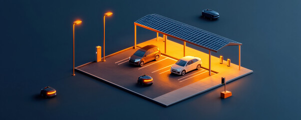 Naklejka premium Modern outdoor car park with solar panels and electric vehicle charging stations