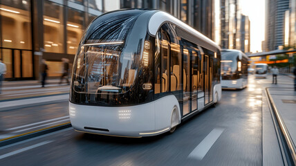 Fototapeta premium Sleek autonomous electric buses navigating through modern cityscape