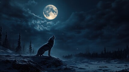 Lone wolf howling at night moon, snowy forest. Wallpaper, fantasy art