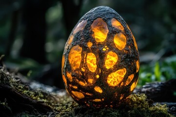 Intriguing glowing egg-shaped rock found in a lush forest setting during twilight