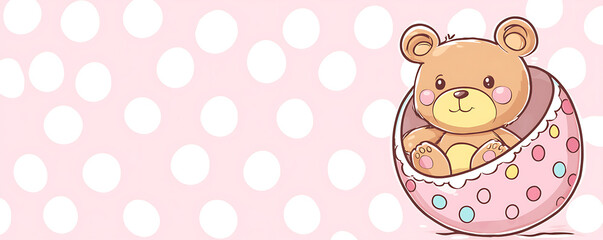 Adorable teddy bear nestled in a pink polka-dot egg.