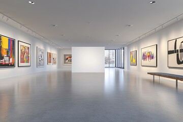 Fototapeta premium Modern art gallery interior, empty wall, city view, exhibition, design