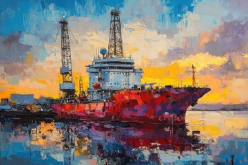 Vibrant Oil Rig at Dawn with Calm Ocean Background