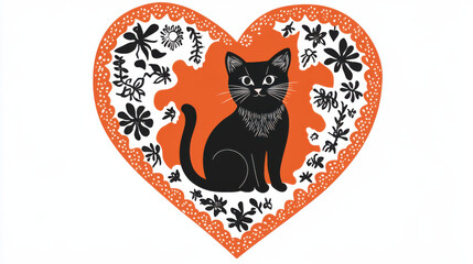 Fototapeta premium Orange and black linocut-style heart-shaped doily with a cat illustration in the center, intricate and artistic design