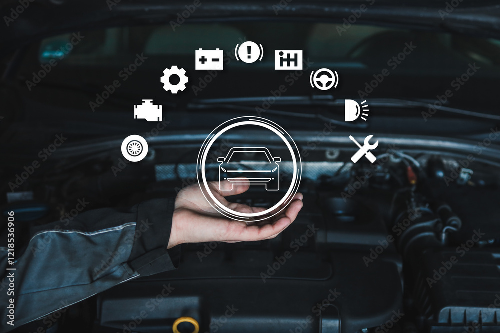 Poster an automotive-themed image featuring a mechanics hand with car maintenance icons such as battery, ge