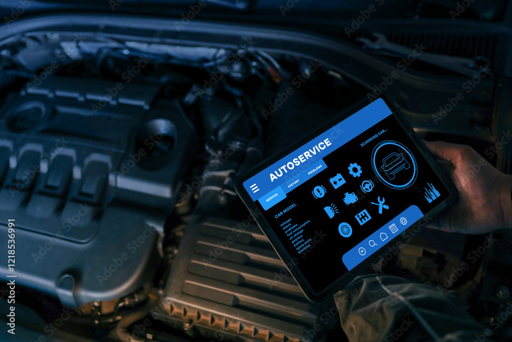 Poster Tablet displaying an automotive diagnostics application with icons and data for vehicle inspection. Tablet is held above an open car engine, showcasing modern car maintenance technology