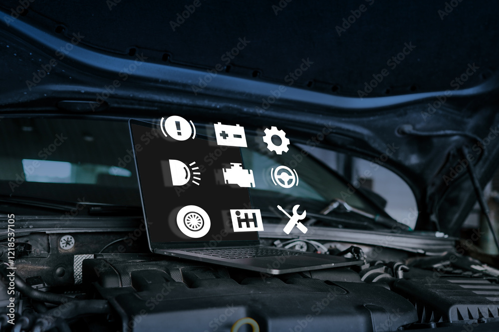 Poster open car hood with laptop placed on the engine, displaying virtual automotive icons for diagnostics 