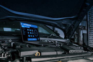 Obraz premium Laptop on car engine displaying automotive diagnostic software for autoservice, showcasing modern tools used in vehicle repair and maintenance technology