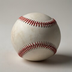 a white baseball with red stitching on light gray background