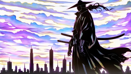 Fototapeta premium Silhouetted Samurai Strolling Urban Skyline Sunset