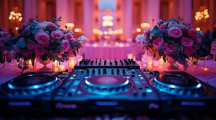 DJ console at elegant wedding reception.