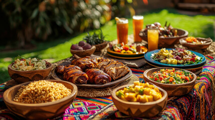 Fototapeta premium Vibrant Peruvian Inti Raymi Festival Meal with Colorful Dishes and Fresh Ingredients