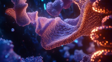 intricate depiction of folded protein structures, glowing and suspended in mid-air, surrounded by molecular chains and holographic annotations, 16:9