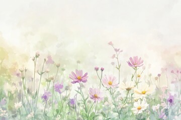 Fototapeta premium Delicate Watercolor Cosmos and Wildflower Meadow Painting Art.