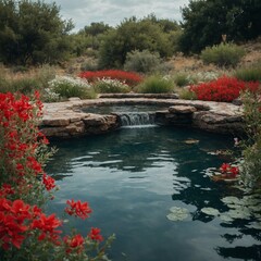 A natural-style pool surrounded by wild red and white flowers, creating a peaceful atmosphere.