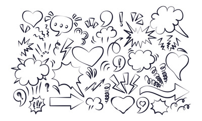 Comic Speech Bubbles and Expression Symbols. Hand drawn comic speech bubbles, explosion effects, arrows, and punctuation marks. Doodle elements set for design, comic books, posters, and digital art.