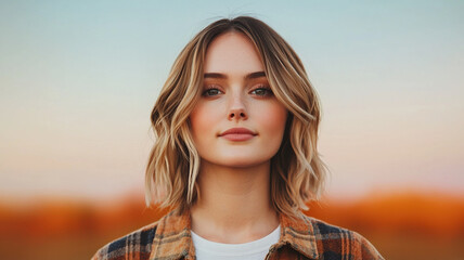 Fototapeta premium Portrait of woman with soft curtain bangs and loose waves, smiling gently