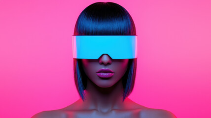 woman with sleek hair wearing futuristic glasses against pink background