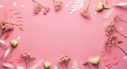 Floral frame with pink background, roses, and delicate leaves