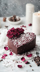 Red rose petals on heart-shaped chocolate cake surrounded by snowflakes: Snowy Valentines Day Aesthetics