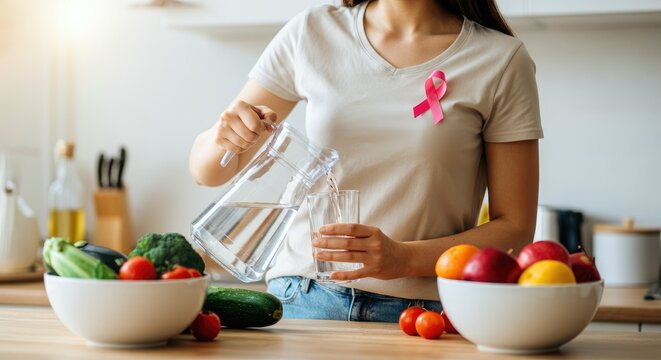 Woman with cancer awareness ribbon pouring water into glass