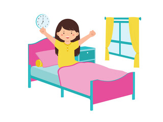 Cheerful Girl Waking Up In Bedroom