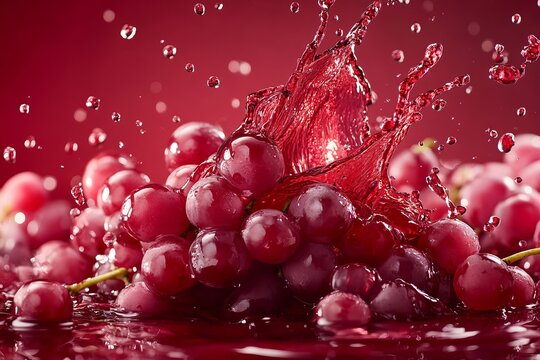 Bunch of red grapes splashes into vibrant juice against a bold background in a refreshing culinary display