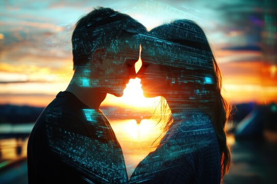 Romantic sunset moment between couple with digital overlay in cityscape - Powered by Adobe