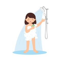 Cartoon Girl Enjoying Shower with Soap