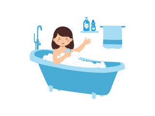 Happy Woman Enjoying a Bath in Blue Bathtub