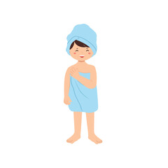 Smiling Girl using blue towel after bath