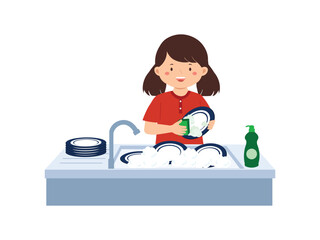 Illustration of Girl Washing Dishes in the Kitchen

