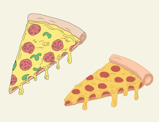 illustration of a pizza. pizza slice with salami,mushrooms, basil leaf and melted cheese for pizzeria package and menu designs. Flat Vector illustration.