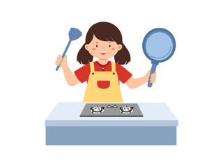 Cartoon Girl Cooking in the Kitchen
