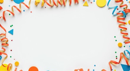 Obraz premium Colorful party decorations with ribbons and confetti on white background