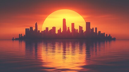 Obraz premium City Skyline Illuminated by a Stunning Sunset Over the Water Reflecting Vibrant Colors in an Urban Landscape