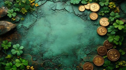 Lively St Patricks Day 2025 invitation card adorned with shamrocks leprechaun hats and gleaming gold coins offering a blank section in the bottom right corner for personalized notes