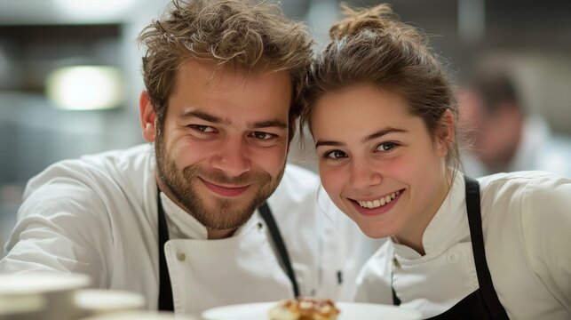 Young caucasian male and female chefs smiling in a professional kitchen - Powered by Adobe