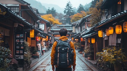 Wanderer Explores a Historic Alley Lined With Lanterns in a Serene Japanese Town on a Rainy Day