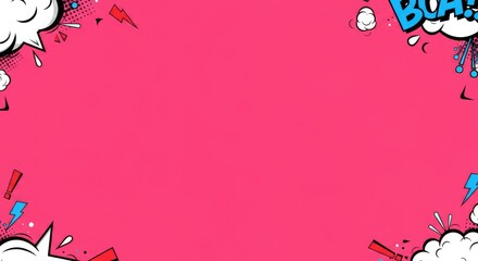 Pink comic-style background with speech bubbles and exclamations