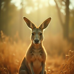 Fototapeta premium A kangaroo is captured in a close-up portrait against a blurred backdrop of a wooded area, with the sun's rays creating a warm, golden glow.