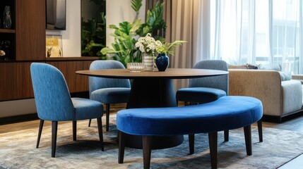 A Modern Dining Area With Blue Velvet Chairs And A Curved Bench, Complemented By A Wooden Table And Stylish Decor. The Room Is Bright And Airy, With Large Windows Letting In Plenty Of Natural Light.