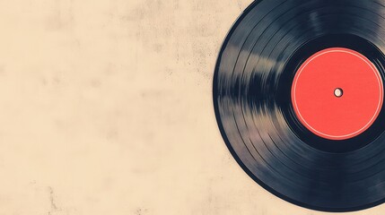 Classic vinyl record resting on a textured surface showcasing its red label and grooves under soft lighting