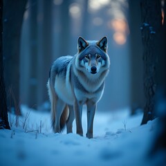 Fototapeta premium The image captures a wolf with a striped coat standing in a snowy forest, its gaze focused and alert, with the faint glow of a setting sun visible in the background.
