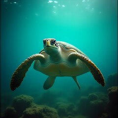 A close-up image of a sea turtle gliding through the water, with its head turned towards the camera.