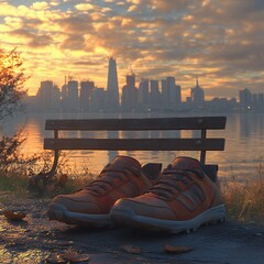 Sunset View of City Skyline With Resting Hiking Shoes on a Bench by the Water